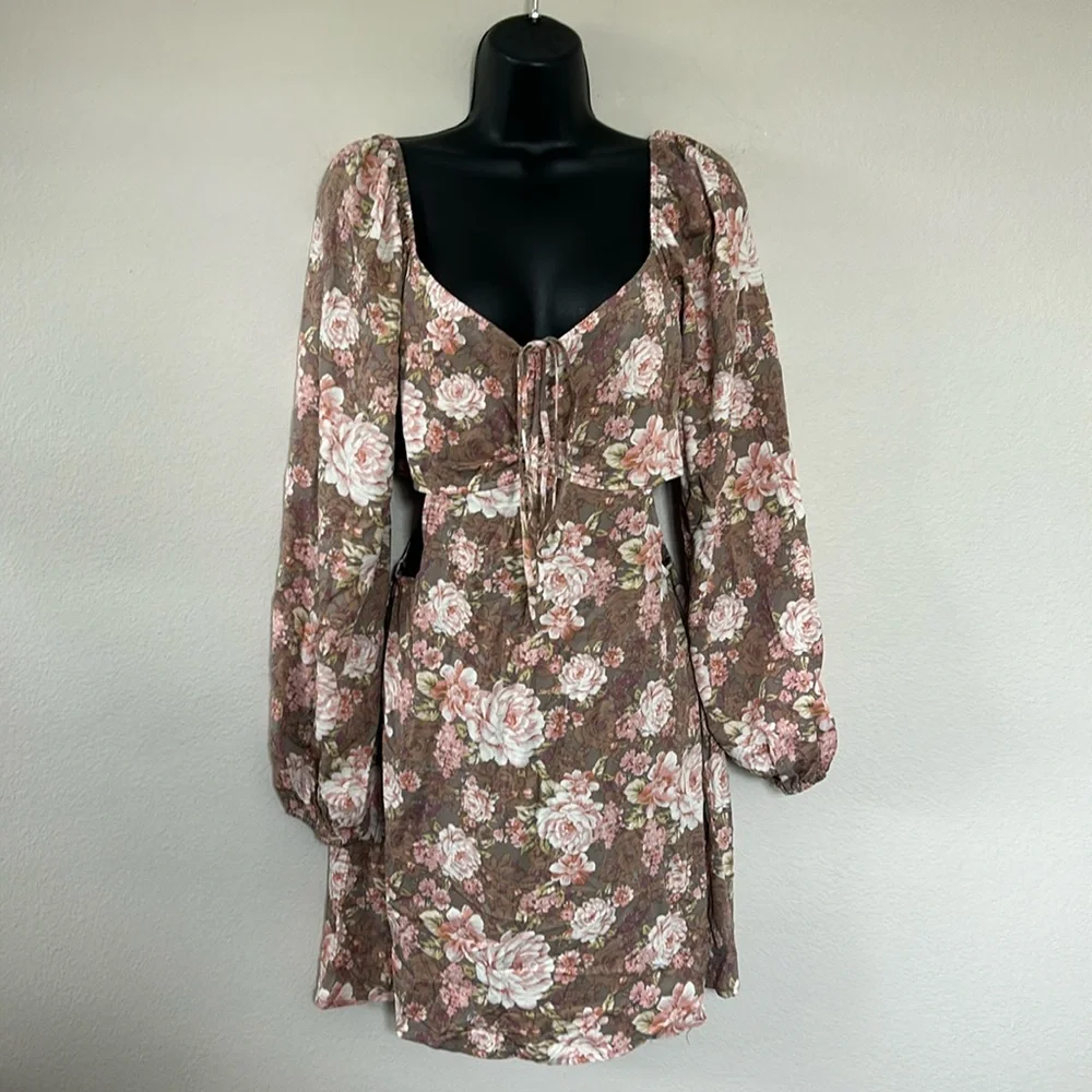 Forever 21 Brown Floral Cut Out Puff Long Sleeve Tie Neck Mini Dress - Picture 7 of 15